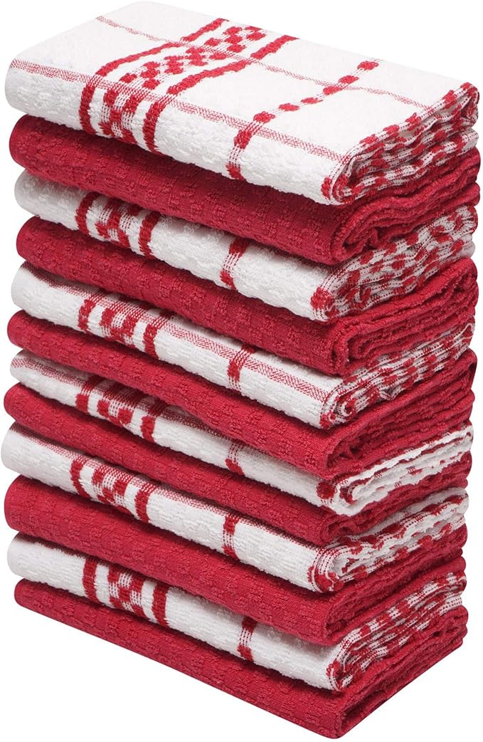 12 Pack Check Kitchen Towels Set 40 x 70 cm, Red and White 100