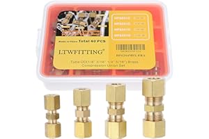 LTWFITTING Assortment Kit Tube OD 1/8" 3/16" 1/4" 5/16" Brass Compression Union Set (Pack of 40)