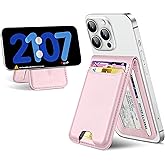 For Magsafe Wallet Stand, Strongest Magnetic Wallet for iPhone 17/16/15/14/13/12 Series, Magnetic Card Holder with Adjustable Stand, ID Window, 6 Cards Holder, Vegan Leather, RFID Blocking, Baby Pink