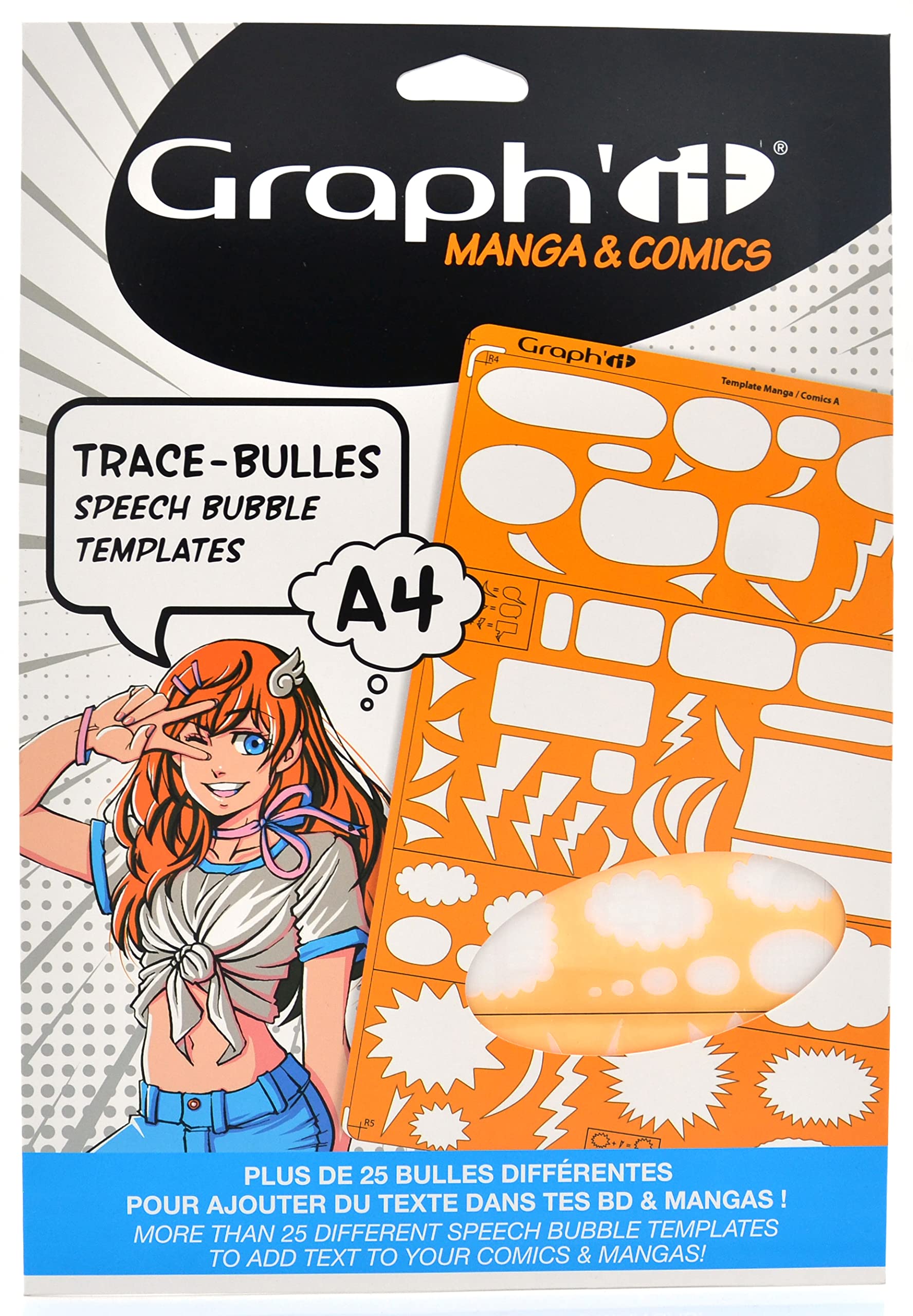 Graph'it - Bubble Tracer - Model A for Manga and Comics - Over 25 Different Bubbles - Graduated Edges - Flexible Transparent Acrylic - A4 Size