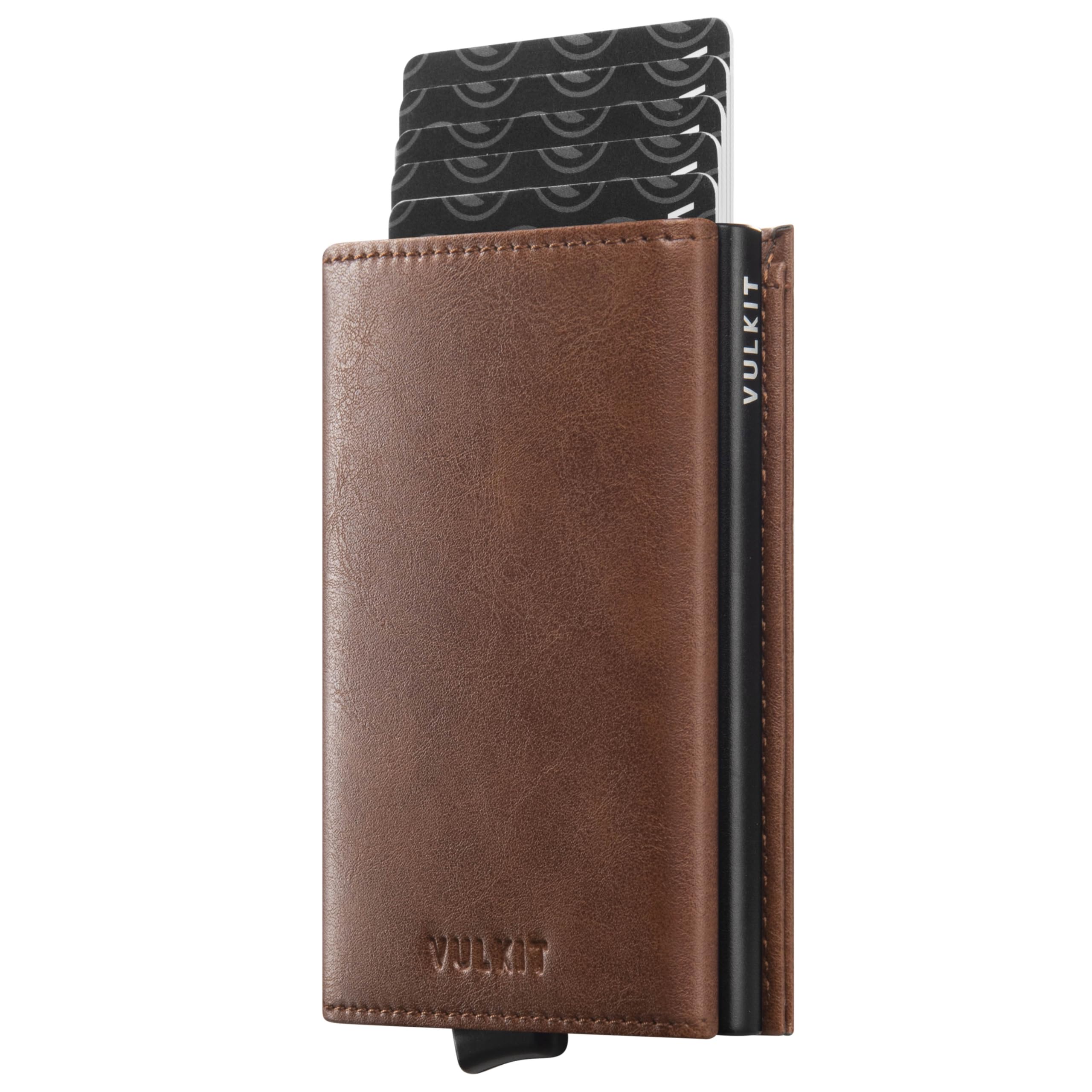 VULKIT Credit Card Holder RFID Blocking Leather Bifold Mens Wallet Automatic Pop Up with Banknote Compartment (Origin Brown)