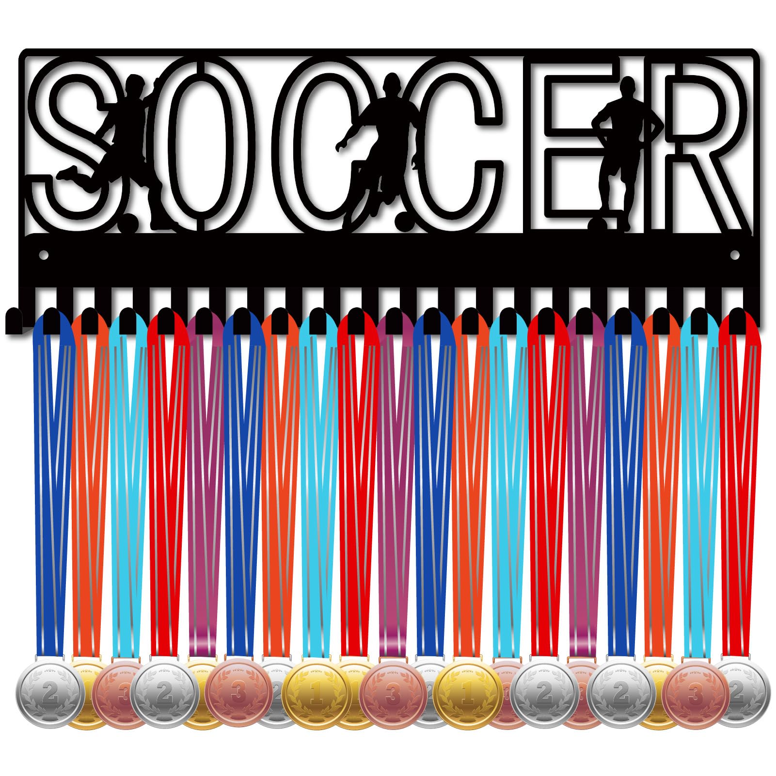 CREATCABIN Soccer Medals Holders Medal Display Hanger Football Medal Rack Organizer Metal Ribbon Shelf Stand Frame Decor Wall Mounted Hanging with 20 Hooks for Athlete Sporter Black 15.7 x 6Inch
