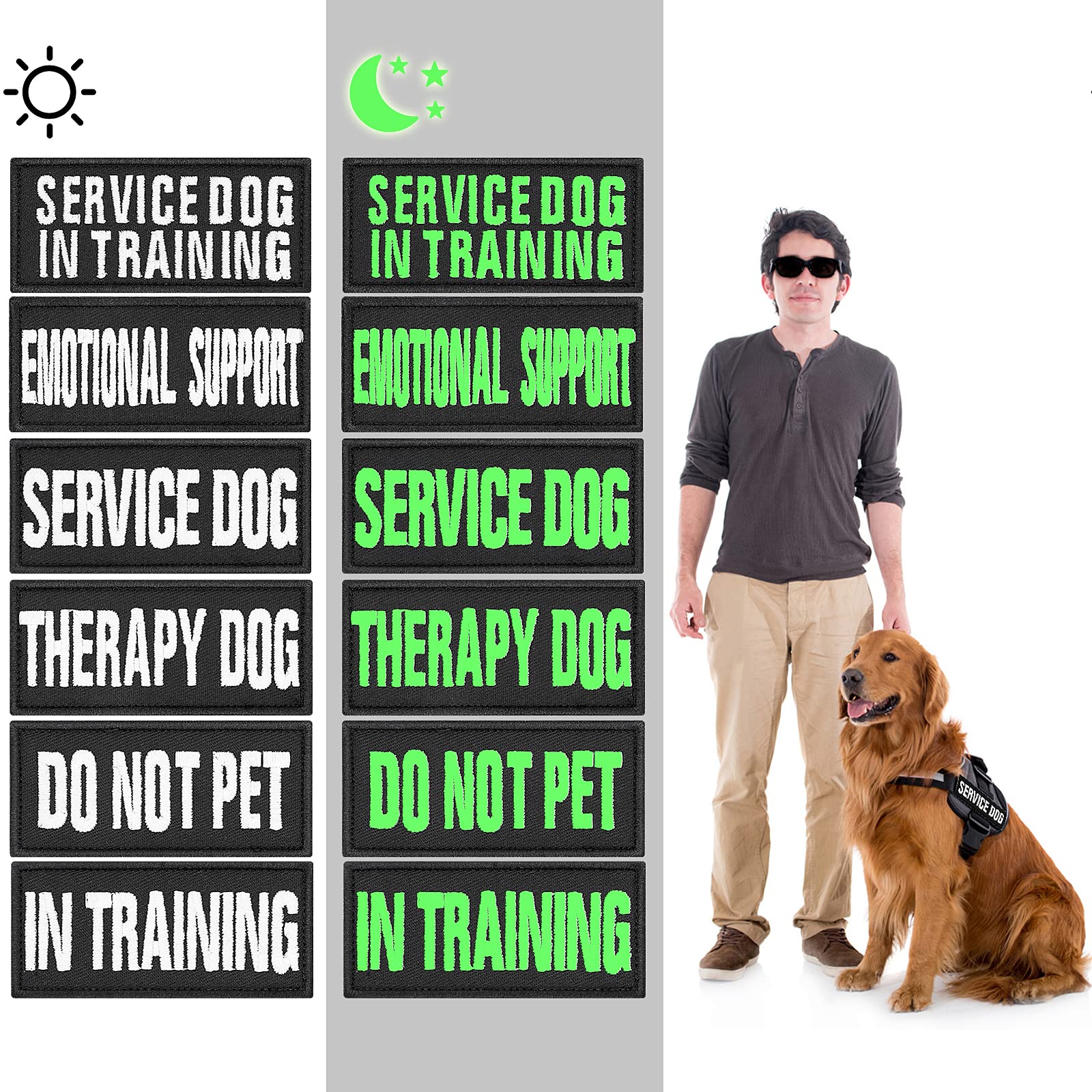cobee Luminous Service Dog Patches, 6 Pcs Embroidered Vest Patches Removable Harness Patch with Hook Vest Patch in Training Emotional Support Do Not Pet Therapy Dog, 3.5x1.5inch
