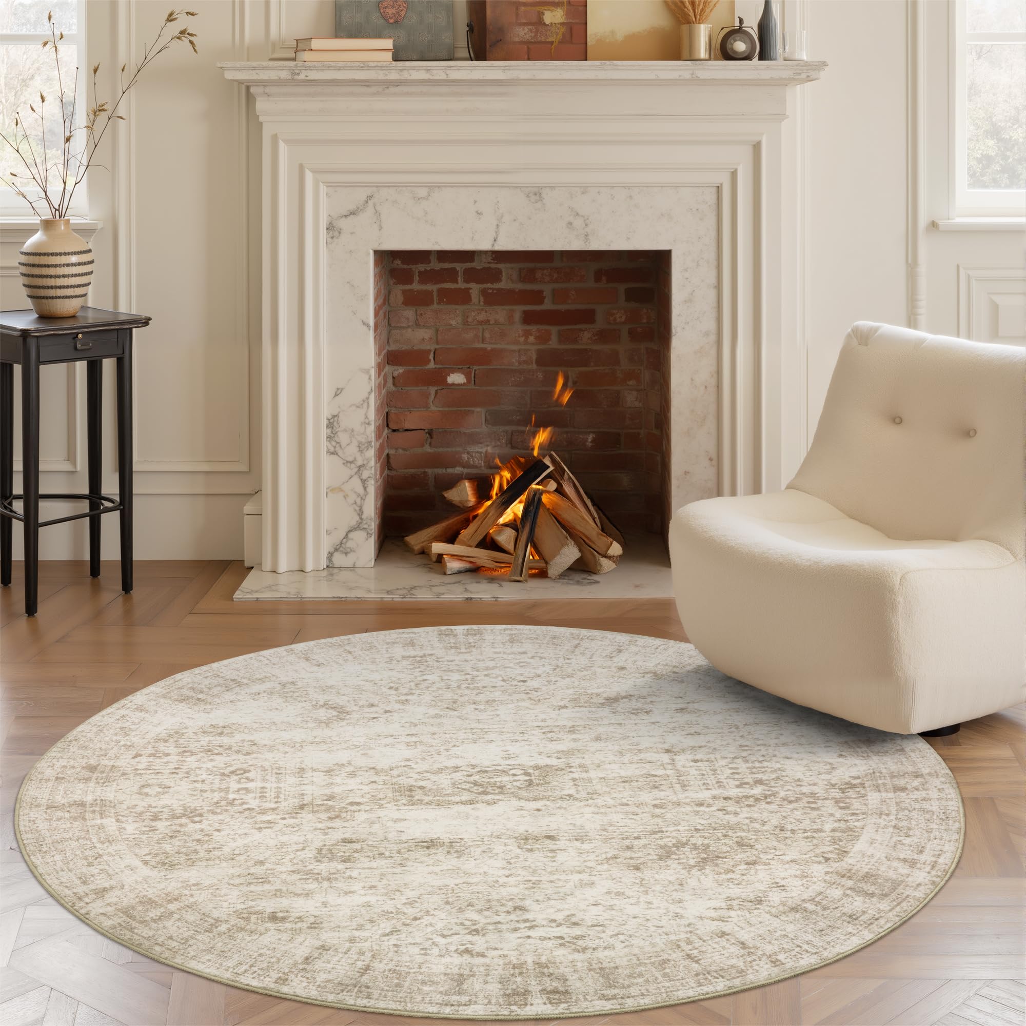 Photo 1 of Soalmost 6x6 Beige Round Rug 6ft Living Room Rug Vintage Round Area Rug Non Slip Indoor Carpet for Dining Room Bedroom
