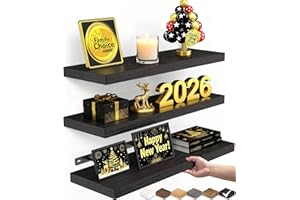 BAYKA Floating Shelves for Wall, Wall Mounted Rustic Wood Shelves for Bathroom, Bedroom, Living Room, Kitchen, Hanging Shelf for Books/Storage/Room Decor with 22lbs Capacity (Black, Set of 3, 15.7in)