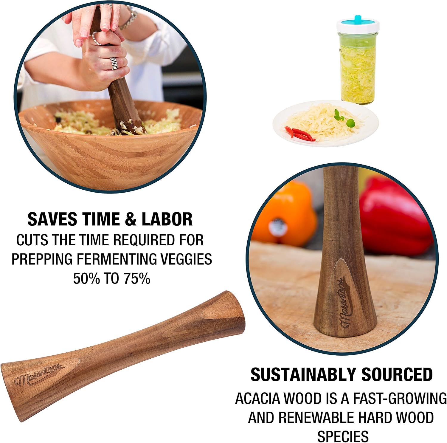 Masontops Pickle Packer - Acacia Wood Vegetable Fermentation Tamper - Cabbage Sauerkraut Pounder - Fermenting Food Tool - Image 5