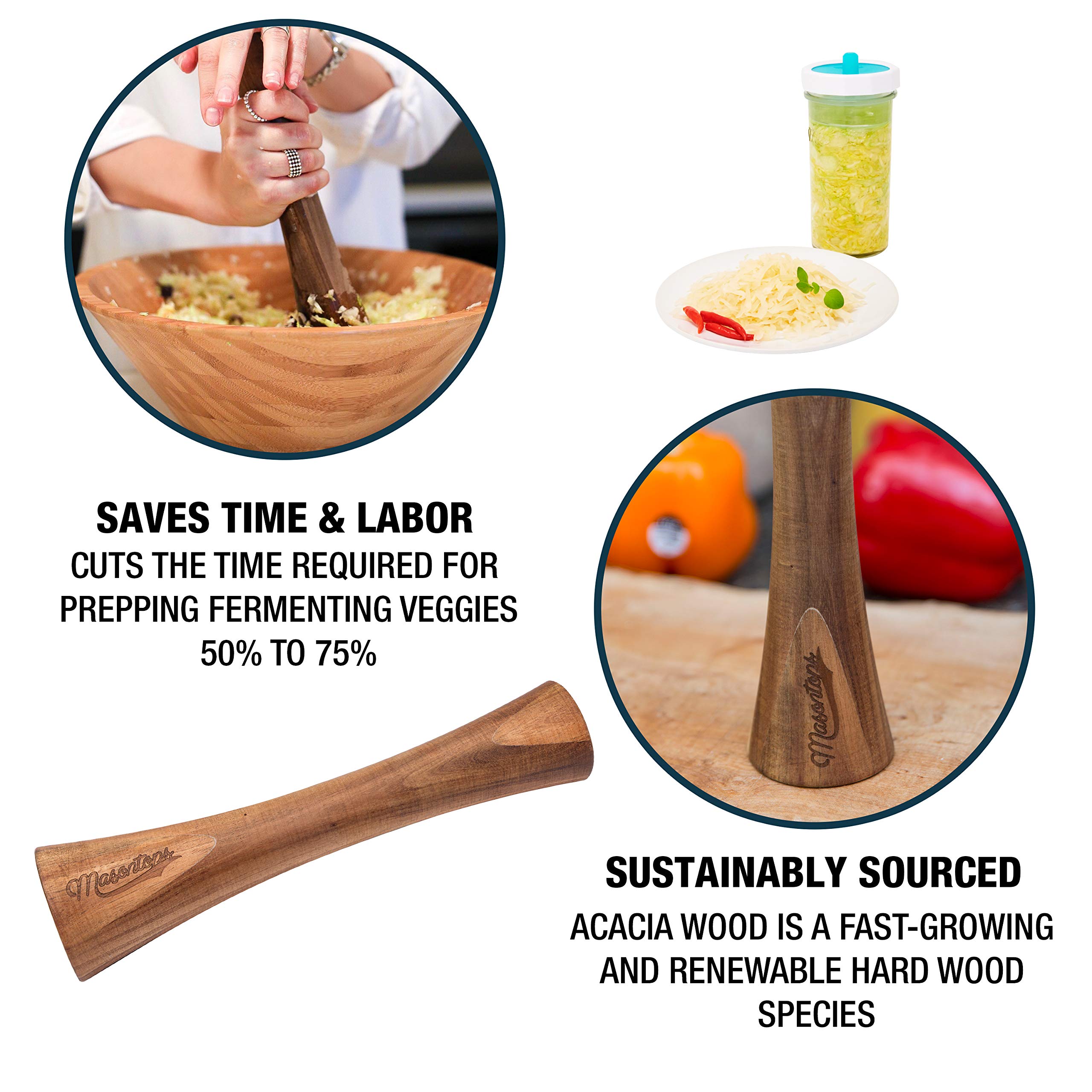 Masontops Pickle Packer Acacia Wood Vegetable Fermentation Tamper Cabbage Sauerkraut Pounder