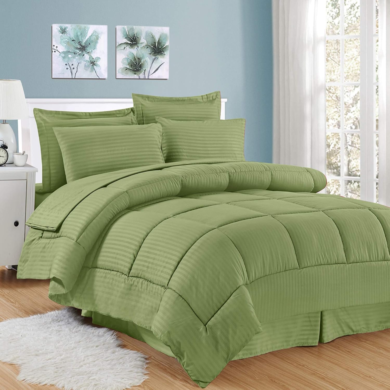 Sweet Home Collection 8 Piece Bed in A Bag Stripe Sheets, 2 Pillowcases, 2 Shams Down Alternative All Season Warmth, Queen, Dobby Gray: Home & Kitchen