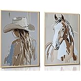 FJKLRP 2pcs Western Cowboy Girl Wall Art with Hat Cowboy Girl and Horse Canvas Print Poster Western Oil Painting Style Decoration for Living Room Bedroom Home Wall Decor Unframed