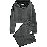 Arshiner Girls 2 Piece Outfit Waffle Knit Pullover Hooded Sweatshirt and Sweatpants Clothing Sets Long Sleeve Tracksuits