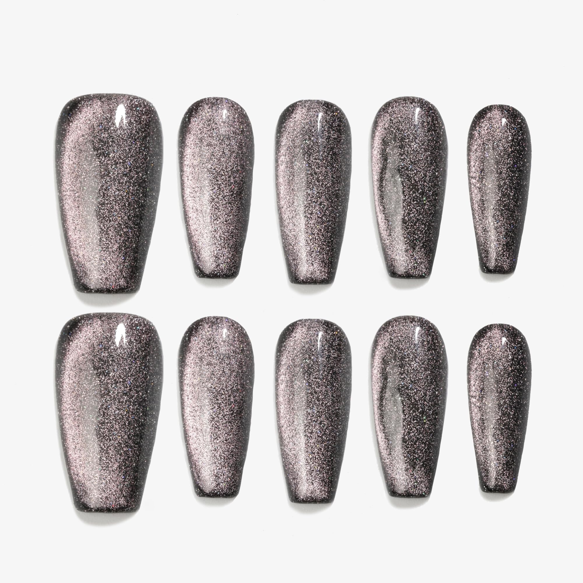 Sun&Beam Nails Handmade Press-On Medium Long Coffin Ballerina with Black Pink Cat Eye Design Charm Cute False Nail Tips 10 Pcs (#106 S) — image 1