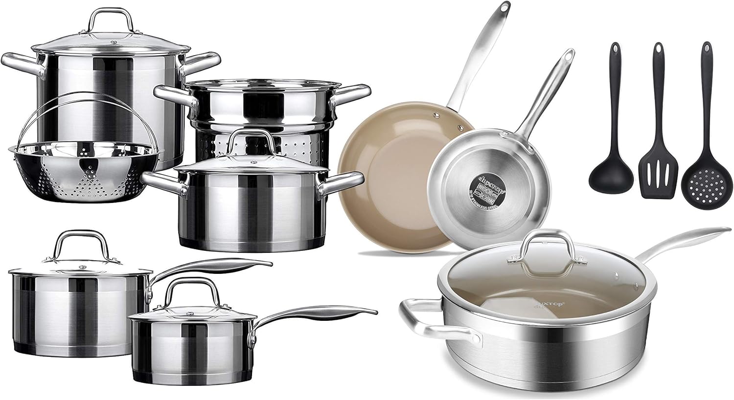Duxtop Bundle 10PC Professional Stainless Steel Induction Cookware Set, 7PC Stainless Steel Ceramic Coated Nonstick Pans Set with 3 Pcs Silicone Utensils