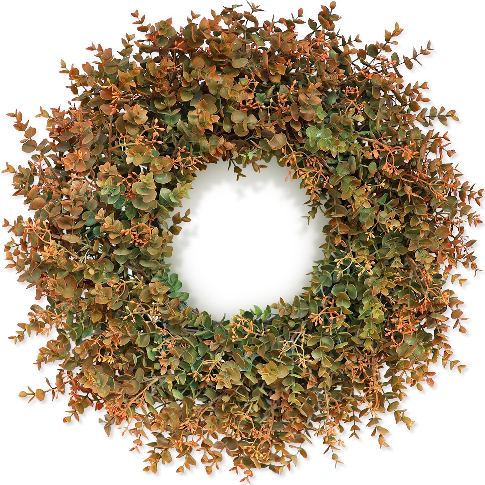 Photo 1 of 26" Fall Wreath for Front Door - Large Artificial Eucalyptus Leaves with Orange Seeds Outdoor Wreath for Porch, Window,Farmhouse,Home,Thanksgiving Day Harvest Festival Autumn Decor