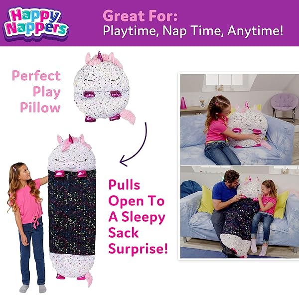 HAPPY NAPPERS PILLOW & SLEEPY SACK- COMFY, COZY, COMPACT, SUPER SOFT, WARM, ALL SEASON, SLEEPING BAG WITH PILLOW- LARGE 66” X 30”, SHIMMER UNICORN