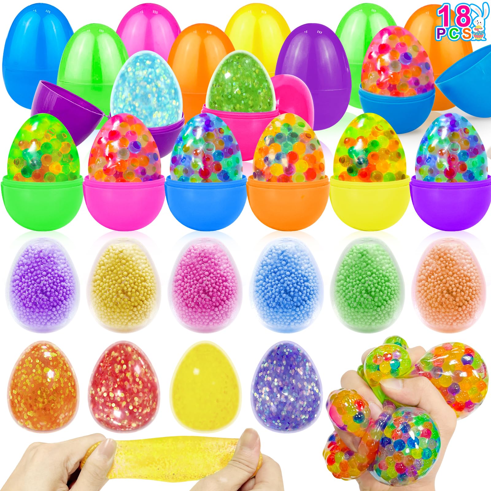 Photo 1 of 18 Pack Prefilled Easter Eggs with Stress Balls Squishy Fidget Toys Stress Relief Easter Basket Stuffers for Toddler Kids Girls Boys Teens Easter Egg Fillers Hunt Party Favors Gifts Classroom Prizes