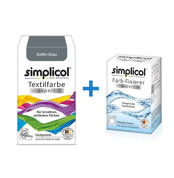 Simplicol Textilfarbe expert + Farbfixierer Kombipack, Delfin-Grau 1717: Farbe für Waschmaschine oder manuelles Färben
