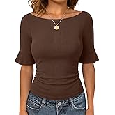 ANRABESS Womens Boat Neck Bell Short Sleeve Shirts Ruched Crop Dressy Work Blouse Business Casual Top 2026 Spring Clothing
