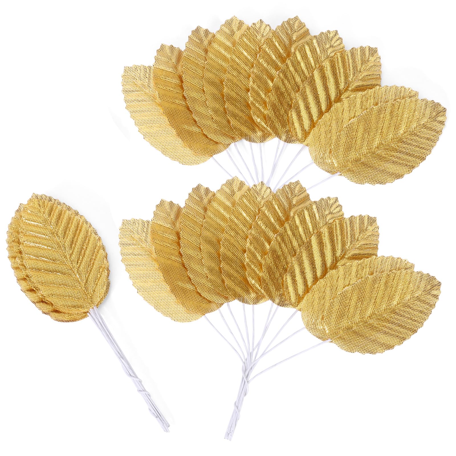MWOOT 200Pcs Artificial Rose Leaves, Fake Single Leaf for Crafts, Gold Faux Silk Leaves for DIY Cake Bouquet Wedding Party Festival Valentine's Day Decoration, Wired Gold Leaves