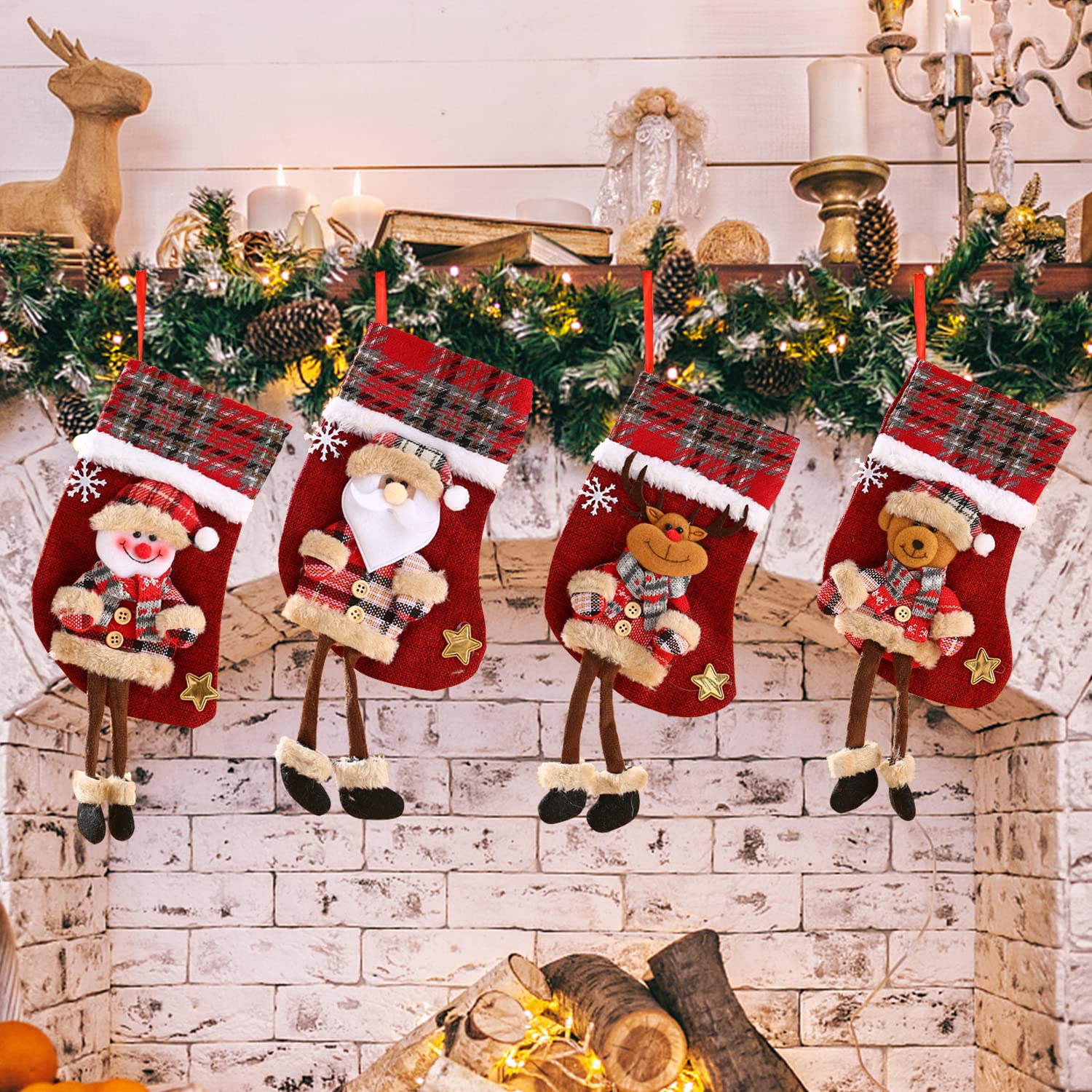YumSur Christmas Stocking Set 4 Pieces, Santa Stocking for Christmas Decoration, Christmas Stocking for Christmas Tree Fireplace Decoration, Christmas Socks for Christmas Gifts (Style2)