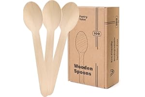 Pantry Value [100 Count] Disposable Wooden Spoons, Splinter-Free Biodegradable, Eco-Friendly Utensils for Outdoors, Parties, 