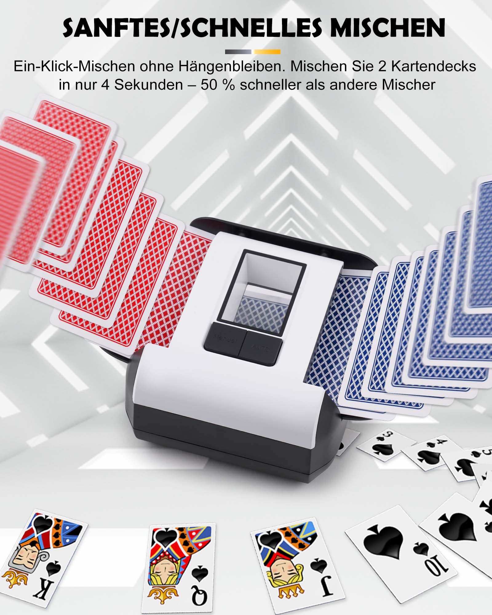 OBLITZON Kartenmischmaschine Elektrische Automatischer Kartenmischer für 1-2 Decks One-Press Auto & Manueller Modus Wiederaufladbar mit 2000mAh Geräuscharm Ideal für Poker UNO Blackjack Skip-BO 2