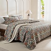 QSH 100% Cotton Oversized King Bedspread Set(128"x120")-3Pcs Floral Quilt Coverlet California King Size Luxury Paisley Flower Botanical Printed Bedspread Bedding Set Lightweight Soft for All Season