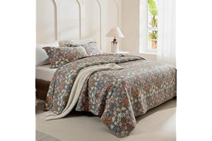 QSH 100% Cotton Oversized King Bedspread Set(128"x120")-3Pcs Floral Quilt Coverlet California King Size Luxury Paisley Flower Botanical Printed Bedspread Bedding Set Lightweight Soft for All Season