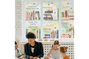 PLIGREAT 6 Sheets Vintage Book Window Clings, Reading Corner Window Stickers Peel and Stick Watercolor Windows Decals for Sch
