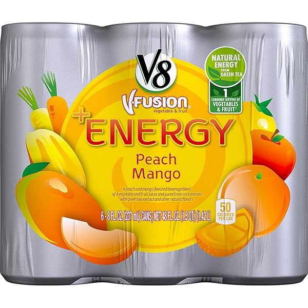 V8 +ENERGY PEACH MANGO ENERGY DRINK, MADE WITH REAL VEGETABLE AND FRUIT JUICES, 8 OUNCE CAN