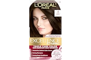 L'Oreal Paris Excellence Crème Permanent Hair Dye, Triple Care Hair Color with Pro-Keratine Complex for 100% Gray Hair Coverage, 4 Dark Brown, 1 Kit