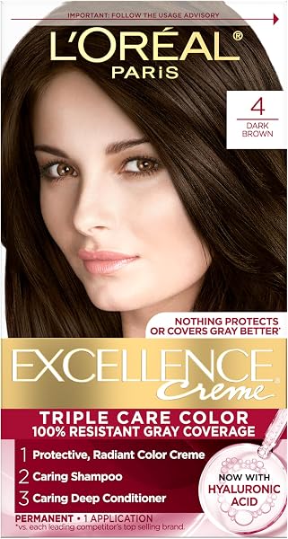 L'Oreal Paris Excellence Crème Permanent Hair Dye, Triple Care Hair Color with Hyaluronic Acid for 100% Gray Coverage, 4 Dark