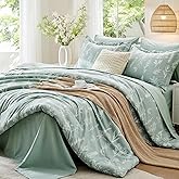 MUXHOMO Queen Comforter Set 7 Pieces, Sage Green Bed in a Bag Queen Reversible Botanical Flowers Design, Ultra Soft & Breatha