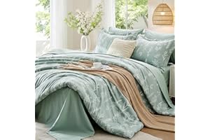 MUXHOMO Queen Comforter Set 7 Pieces, Sage Green Bed in a Bag Queen Reversible Botanical Flowers Design, Ultra Soft & Breatha