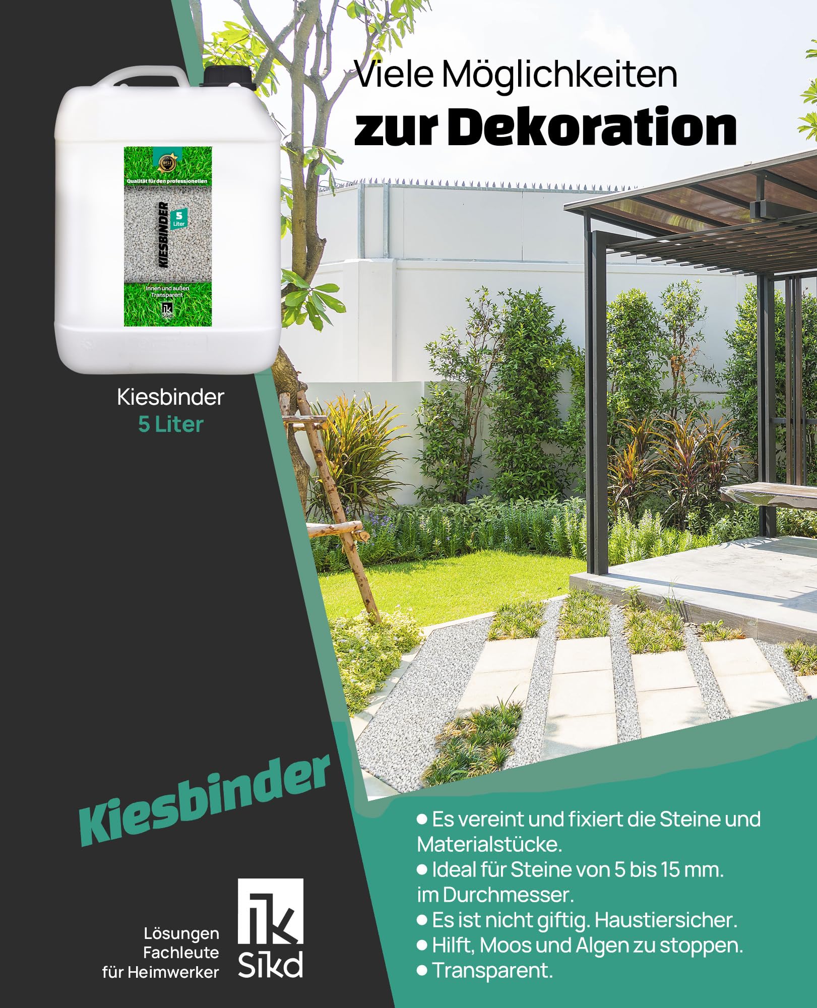 Bindemittel für Kieselsteine 5L. Perfekt zum Kieselsteine kleben oder als Kieskleber für Wege und Gärten. Kiesbinder farblos. Nassoptik. 5