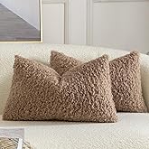 Yaertun Pack of 2 Faux Fur Throw Pillow Covers Decorative Sherpa Boucle Pillow Covers Fuzzy Soft Pillowcases Sheepskin Fleece Cushion Case for Couch Sofa Bed Living Room 12x20 Inch Khaki