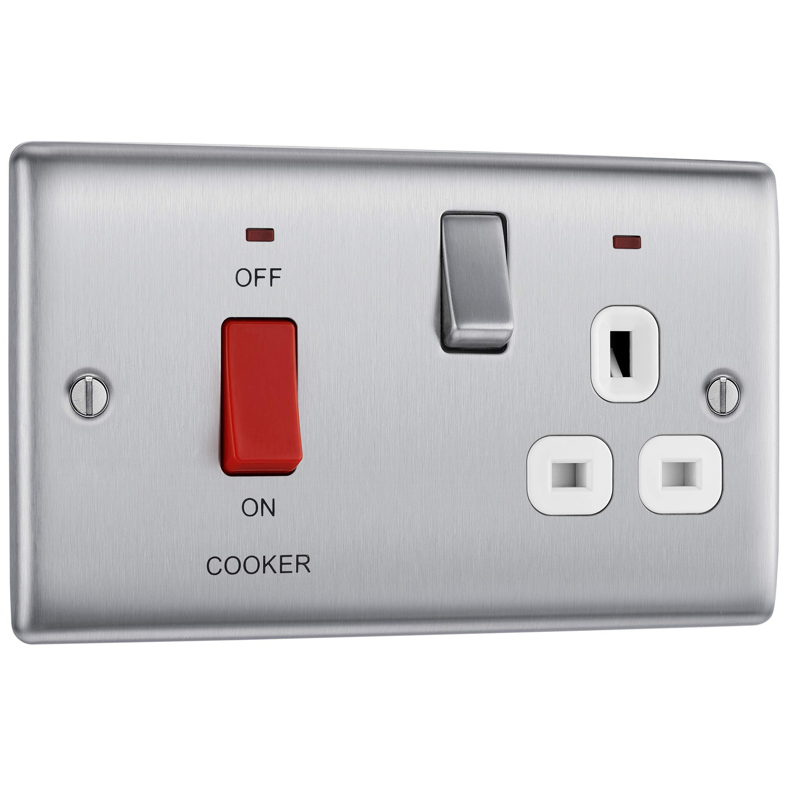BG Electrical Cooker Switch with Socket and LED, Cooker Control Unit, Control Socket, Double Pole, Raised Profile, Round Edges, Nexus Metal, Brushed Steel, White Inserts, 45A, NBS70W