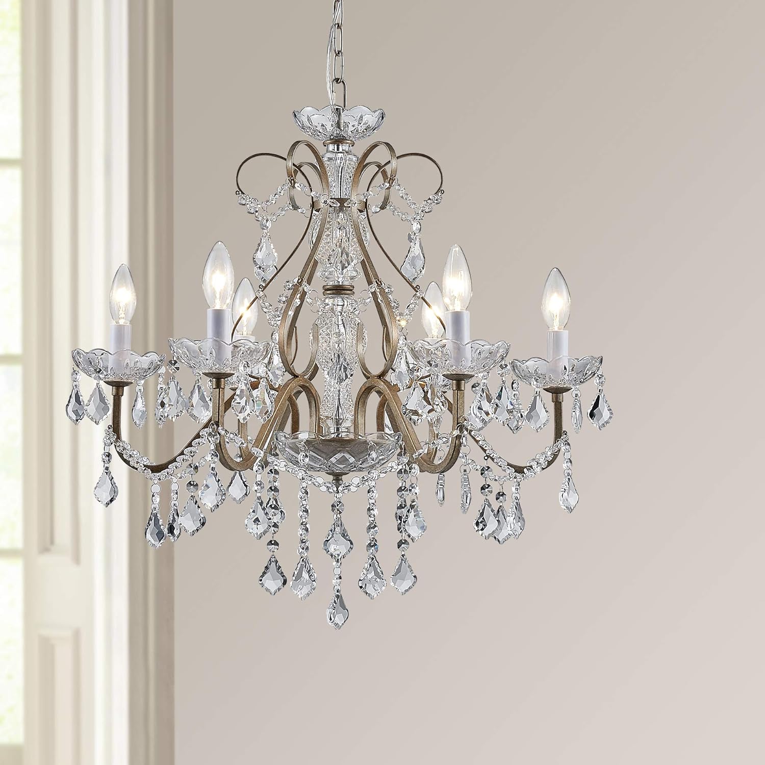 BESTIER Antique Silver Vintage Candle Chandelier Crystal Lighting Fixture Lamp for Dining Room Bathroom Foyer Livingroom 6 E12 Bulbs Required D24 in x H26 in - - 