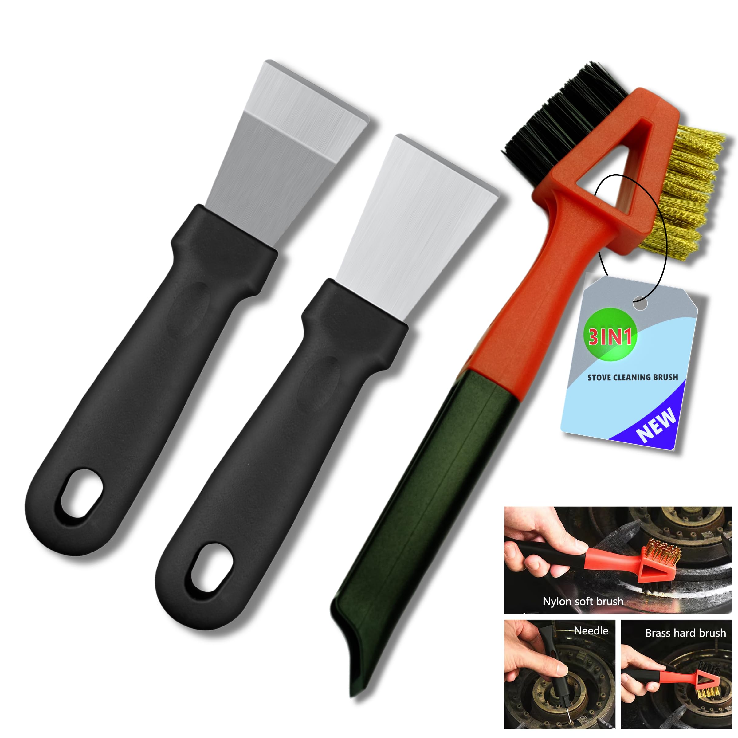 Photo 1 of 3Pcs (2 Heavy Duty Wide Using Stainless Steel Scraper and 3-in-1Kitchen Stove Cleaning Brush), Brass Brush, Wire Brush, Metal Brush, Nylon Brush, Rust Cleaner for Pot, Range Hood Grease Grime Cleaner