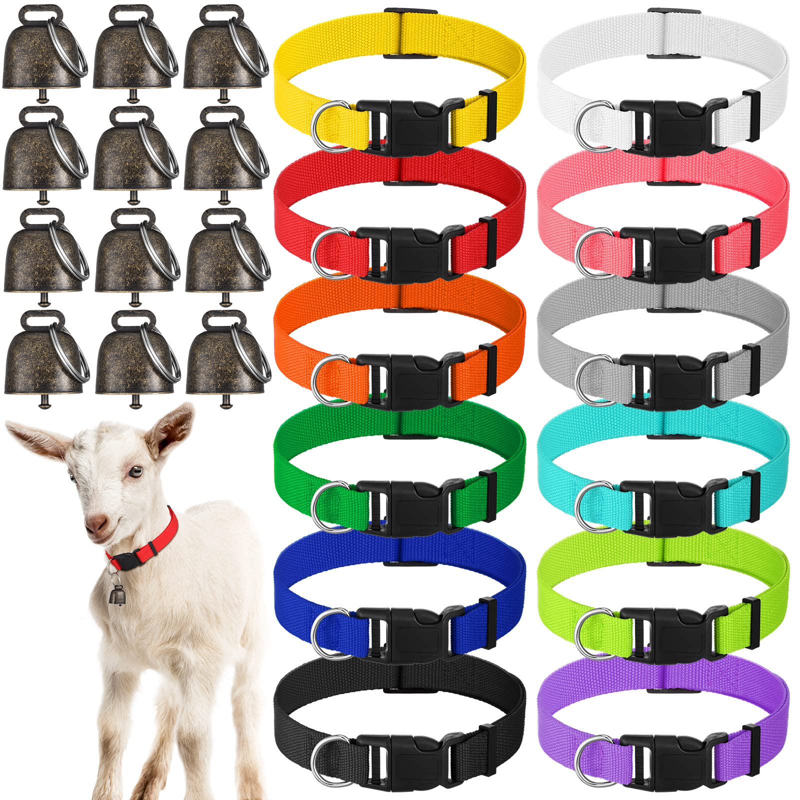Photo 1 of 12 Pack Goat Collars with Bells, Cow Horse Sheep Grazing Copper Bells and Adjustable Nylon Collar Set Pet Anti Lost Loud Bronze Bell for Small Farm Animal Goat Sheep Cow Accessories (Fresh Color)
