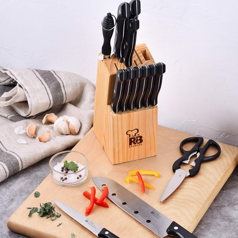 Renberg Tenessy - Brasil | Facas de Cozinha | Conjunto Completo de 15 Peças com Tacoma de Madeira | Perfeito para cortar todos os tipos de ingredientes | Cozinha Profissional | Feito de aço inoxidável
