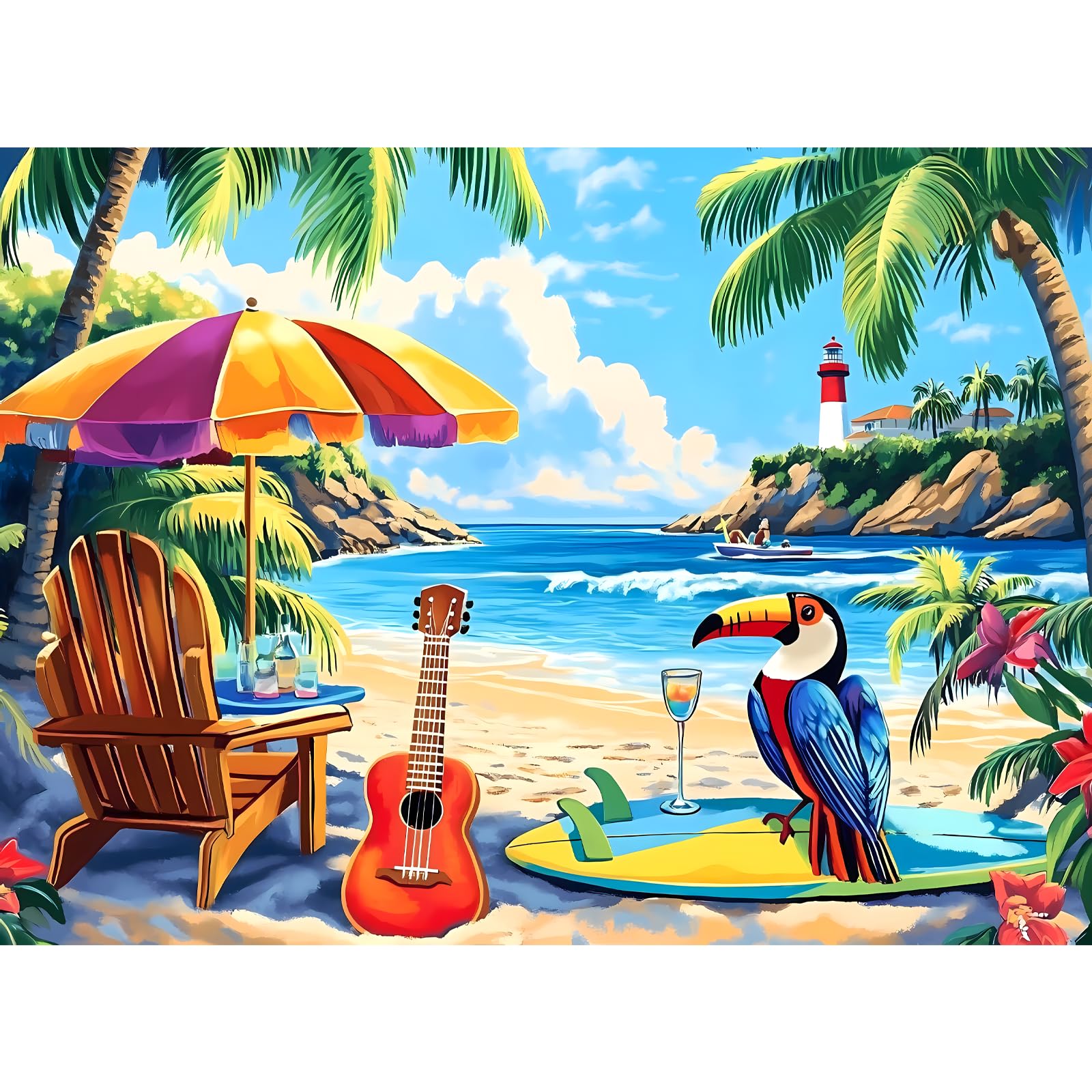 500 Piece Jigsaw Puzzle for Adults, Beach Scenery Jigsaw Puzzle, Chair and Guitar Jigsaw Puzzles, Seaside Lover Challenging Puzzles for Friends Family Activity Game Nights Gifts