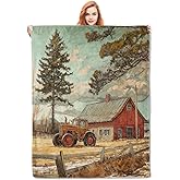 VANZEV Vintage Farmhouse Flannel Blanket, Rustic Country Scenery with Tractor and Barn Soft Lightweight Throw Blankets Gifts for Adults,50" x 60" Perfect for Couch Bed Home Travel Decor