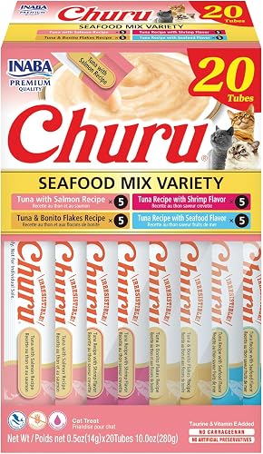 INABA Churu Cat Treats, Lickable, Squeezable Creamy Purée Cat Treat with Green Tea Extract & Taurine, 14 Grams Each Tube, 20 Tubes, Seafood Variety Box