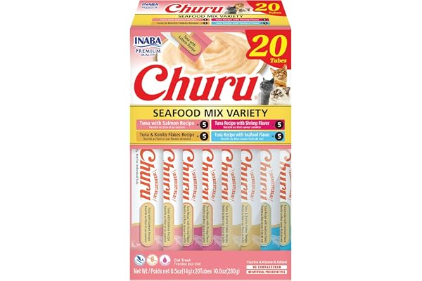 INABA Churu Cat Treats, Lickable, Squeezable Creamy Purée Cat Treat with Green Tea Extract & Taurine, 14 Grams Each Tube, 20