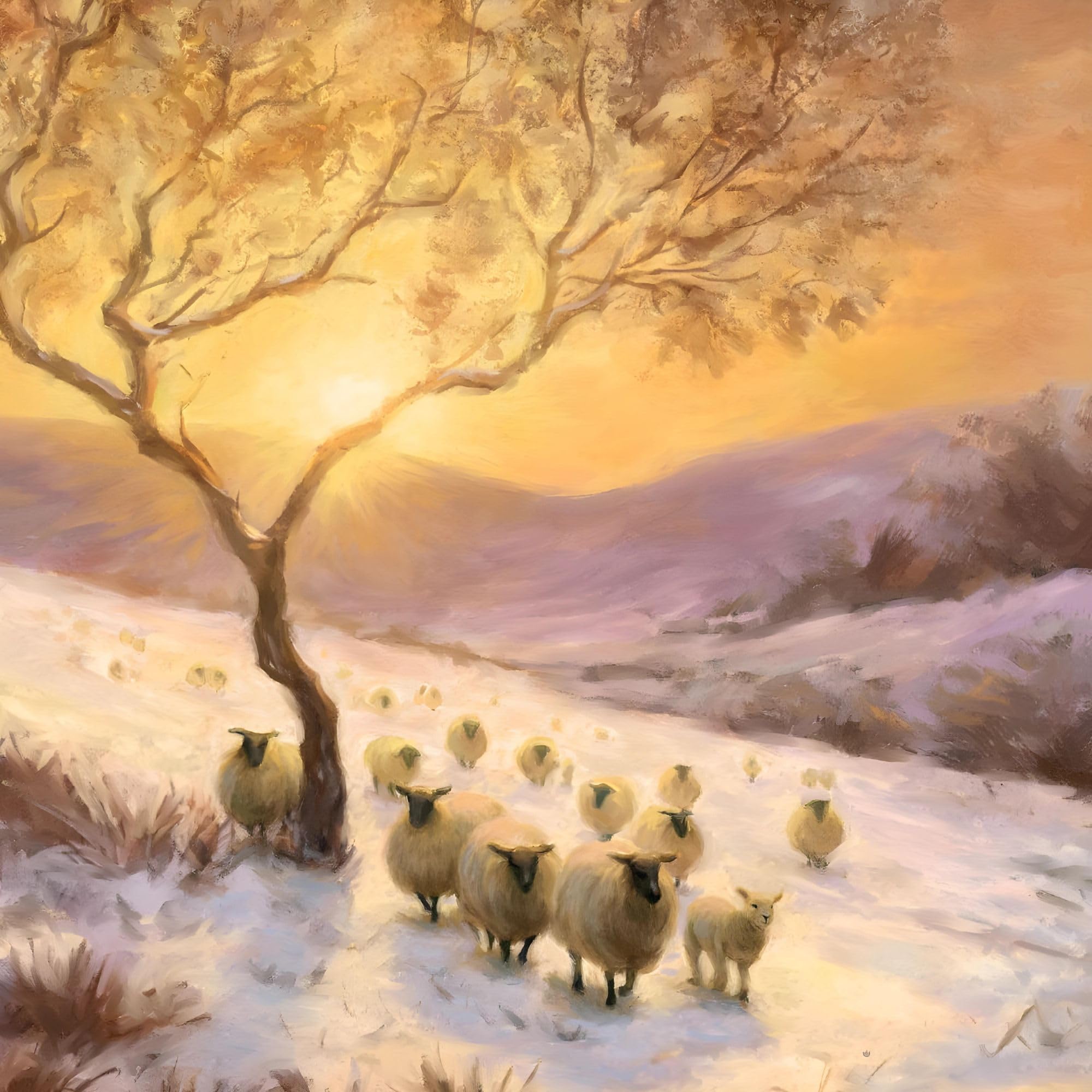 Macmillan Charity Christmas Cards Pack of 5 - Artistic Sheep Scene - Winter Glow Countryside Design by Daniel Rodgers - Made in the UK - Eco-Friendly