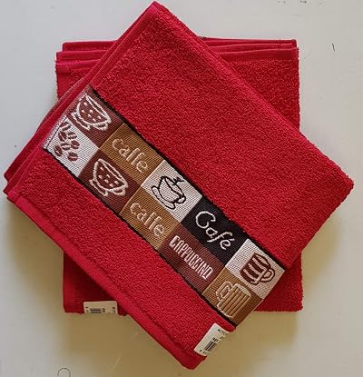 Sue Rossi Ltd 3 Pack Cotton Embroidered Cafe Kitchen Tea Towels Red
