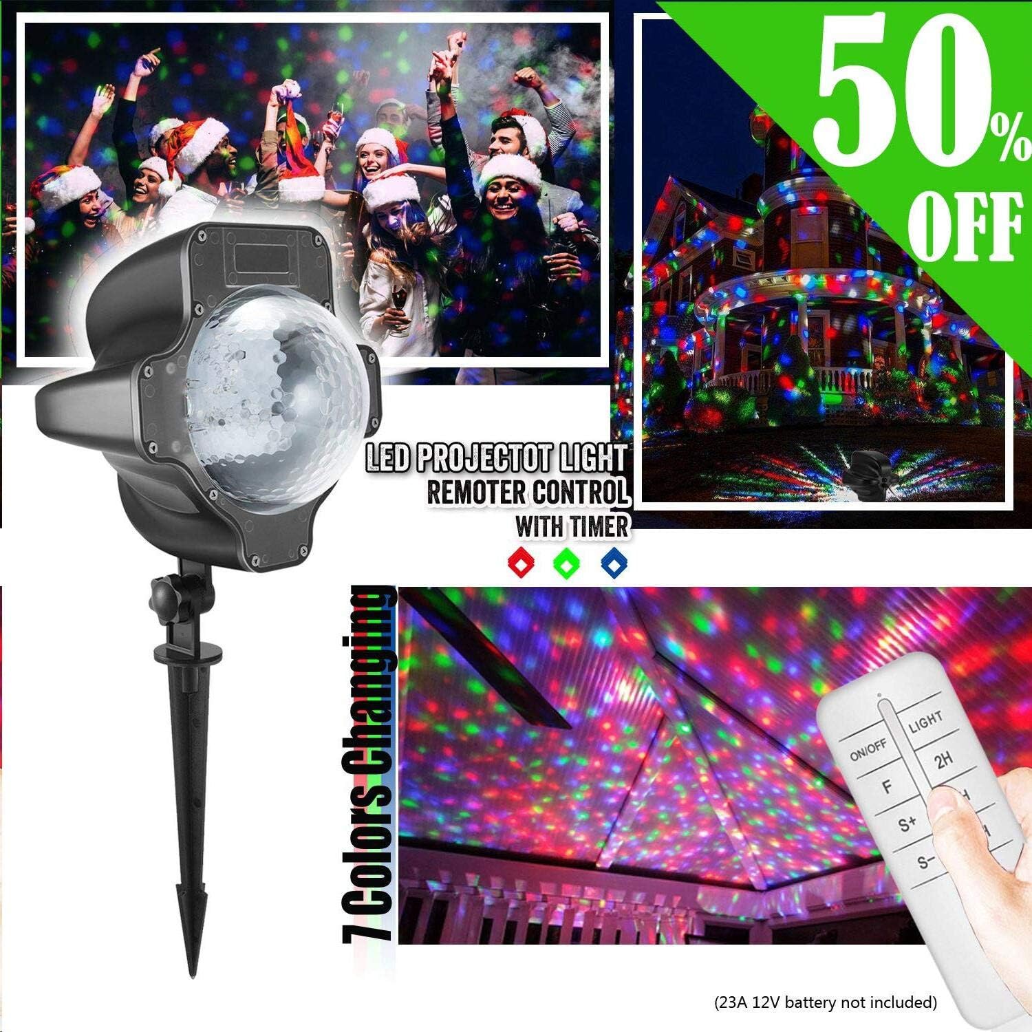 iEZok 7 Colour Christmas Outdoor Projector Lights Led Moving Light Projection IP65 Waterproof Indoor Outside Decorations Landscape Light Projector for Xmas Party Birthday Garden Wall Decoration