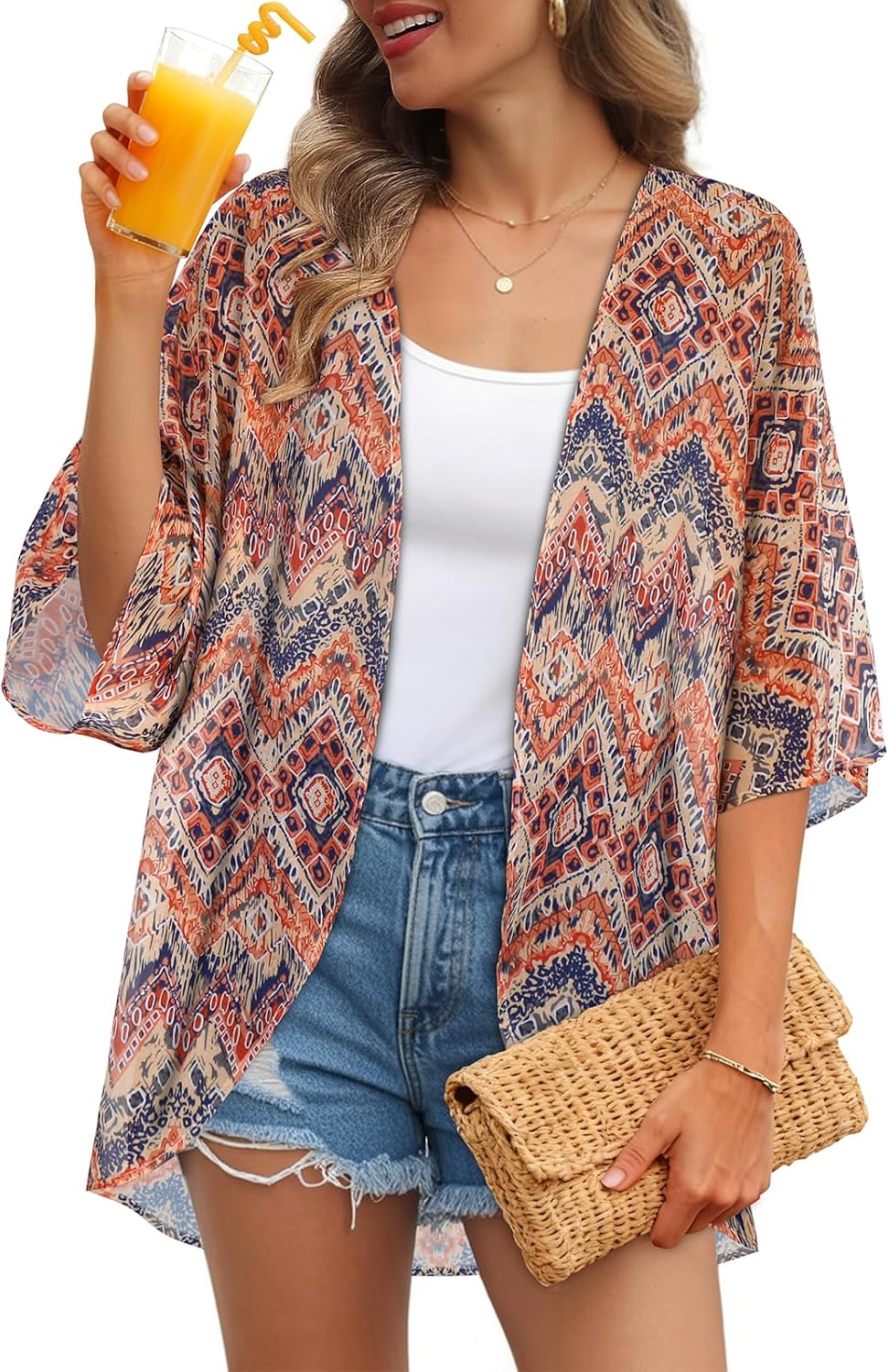 ADOREJOY Women's Tops Summer Kimono Cardigan Floral Print Puff Sleeve Swimsuit Cover Up Casual Loose Fit Blouse
