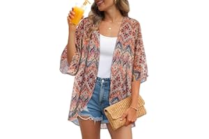 ADOREJOY Women's Tops Summer Kimono Cardigan Floral Print Puff Sleeve Swimsuit Cover Up Casual Loose Fit Blouse