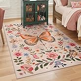 Lahome Floral 3x5 Area Rug for Bedroom Girls, Low Pile Washable Small Floral Rug for Dorm, Non Slip Boho Butterfly 3x5 Entryw